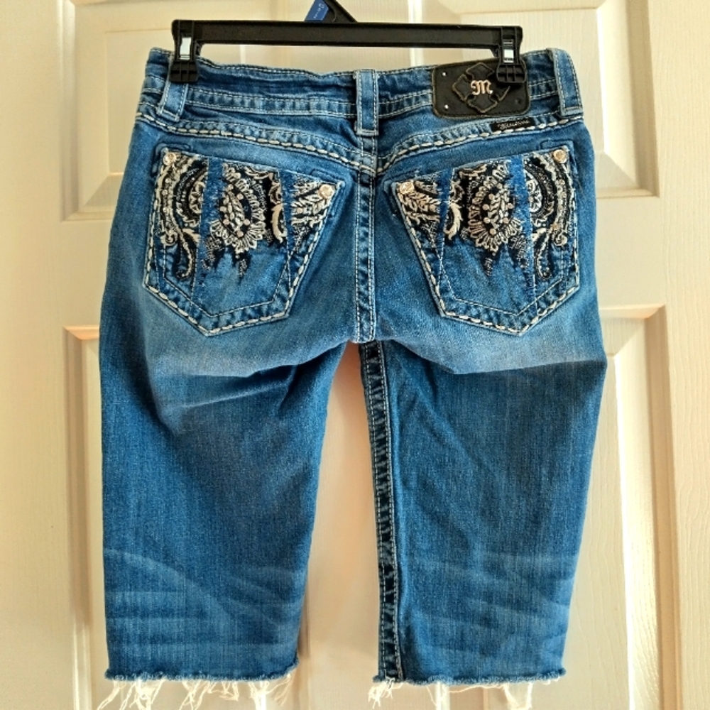 Blue Cut Off Miss Me Bermuda Shorts With Rhinestone Embellishments
